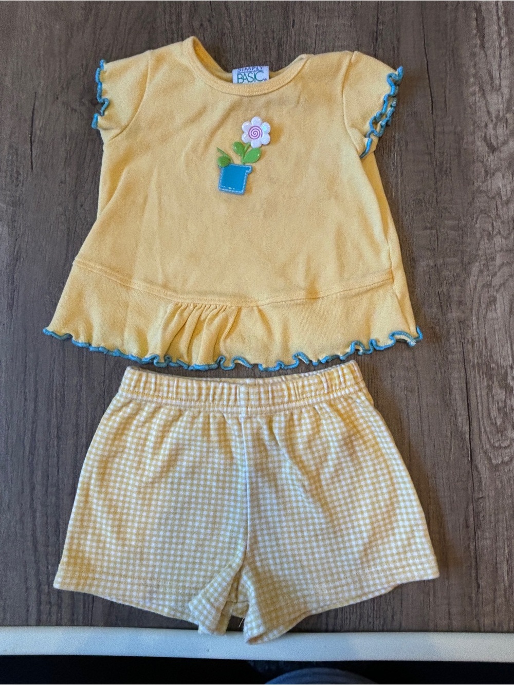 Vintage 90s 2000s Y2K Baby Girl Outfit Summer Yellow Gingham Flower Floral 12M